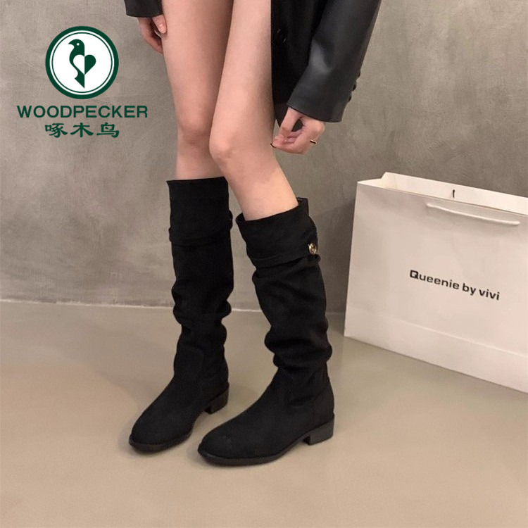啄木鸟粗跟堆堆靴复古长筒女靴子西部靴秋冬保暖加绒长靴骑士靴女