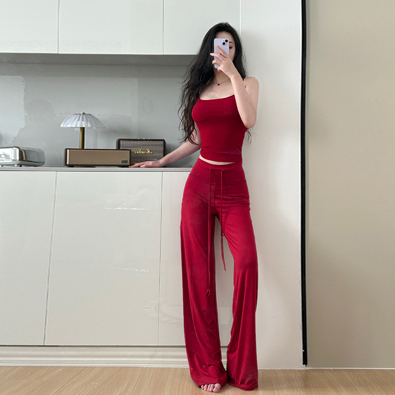 美式复古抽绳瑜伽健身弹力直筒阔腿运动裤女夏季宽松垂感休闲长裤