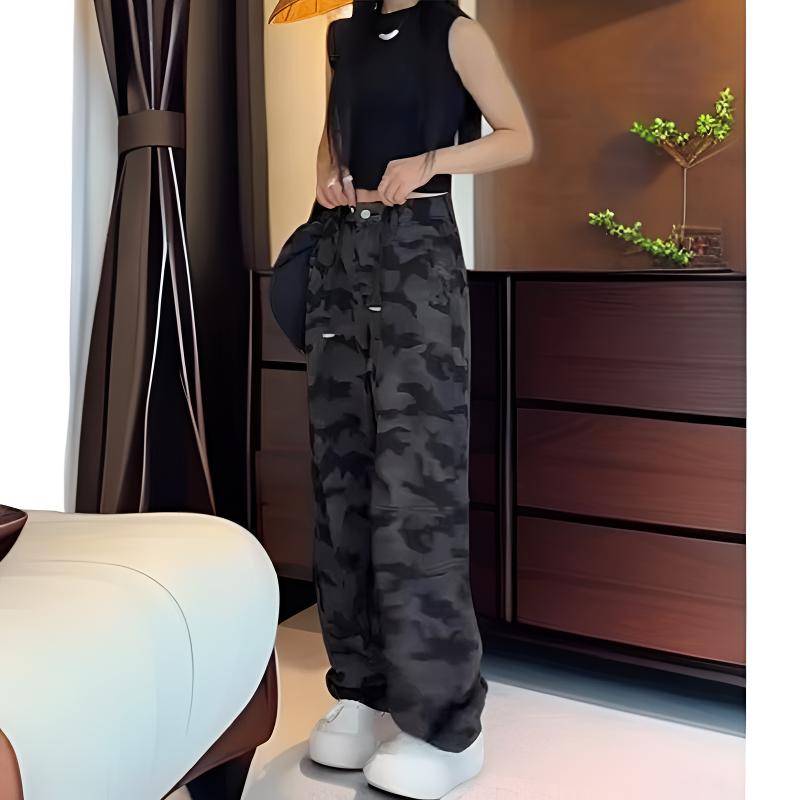 大码女装秋季新款高腰阔腿迷彩裤梨形身材抽绳设计感拖地牛仔裤子