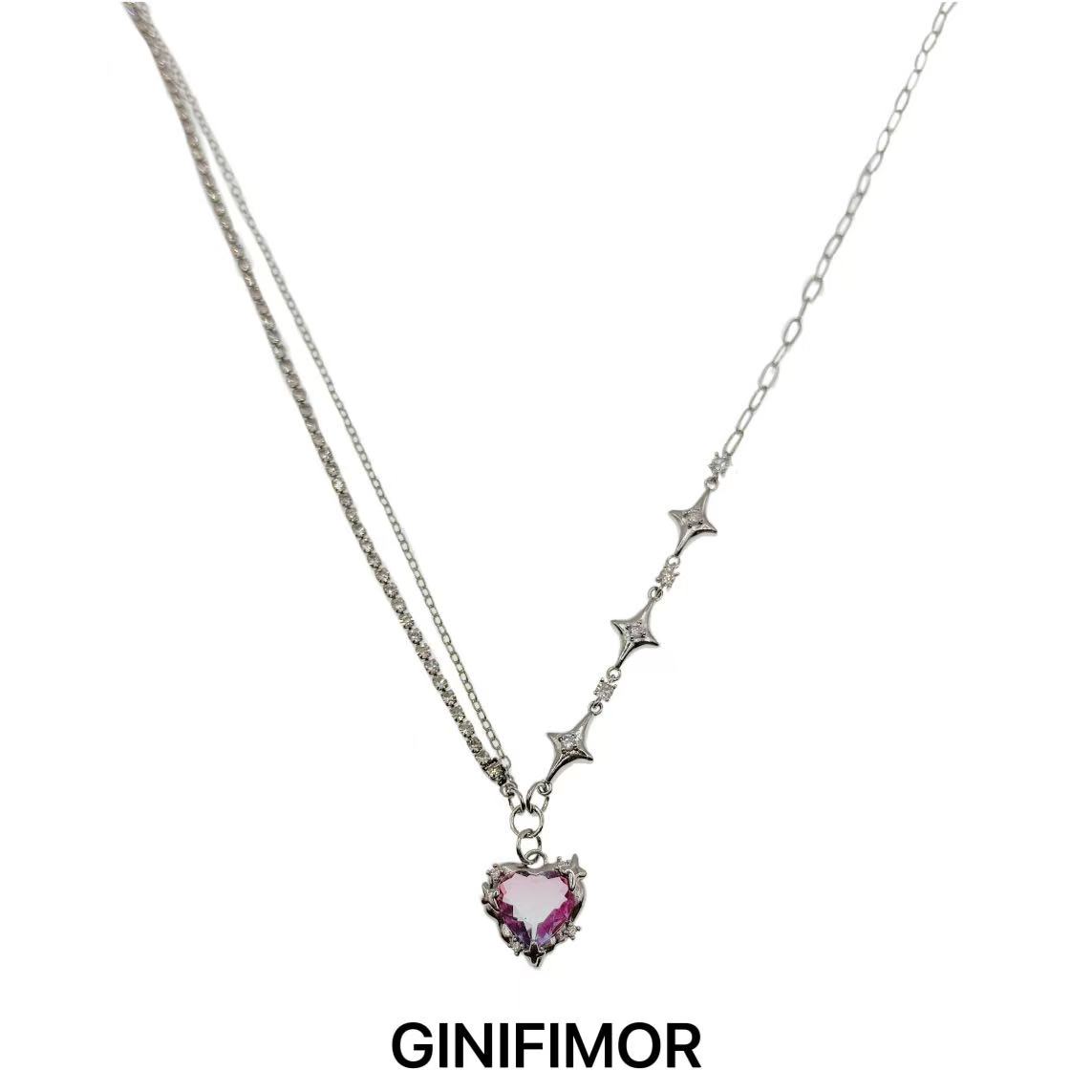 GINIFIMOR 铜合金锆石项链 a694 甜酷大粉爱心项链颈链百搭锁骨链