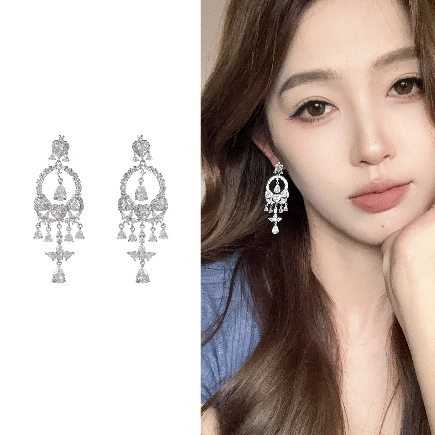 oushipei/欧诗佩 铜合金合成锆石耳饰 复古宫廷风满钻流苏耳环女