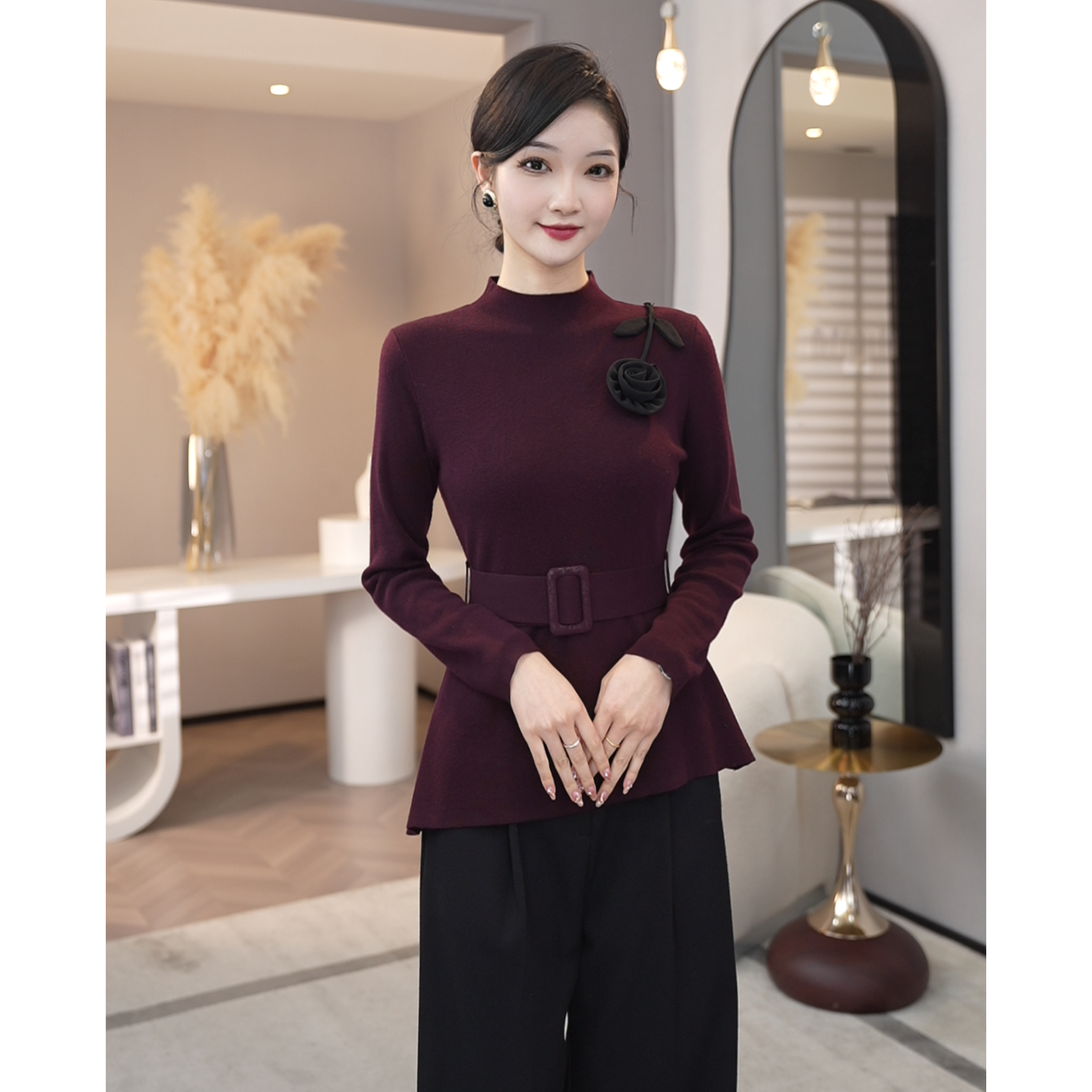 现货2025秋冬新款【8450】含绵羊毛时尚配腰带显瘦收腰修身针织上衣