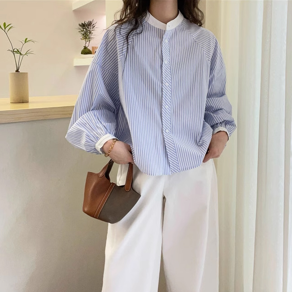 秋装新款蓝色撞色条纹衬衫女士时尚百搭宽松立领长袖纯棉休闲上衣