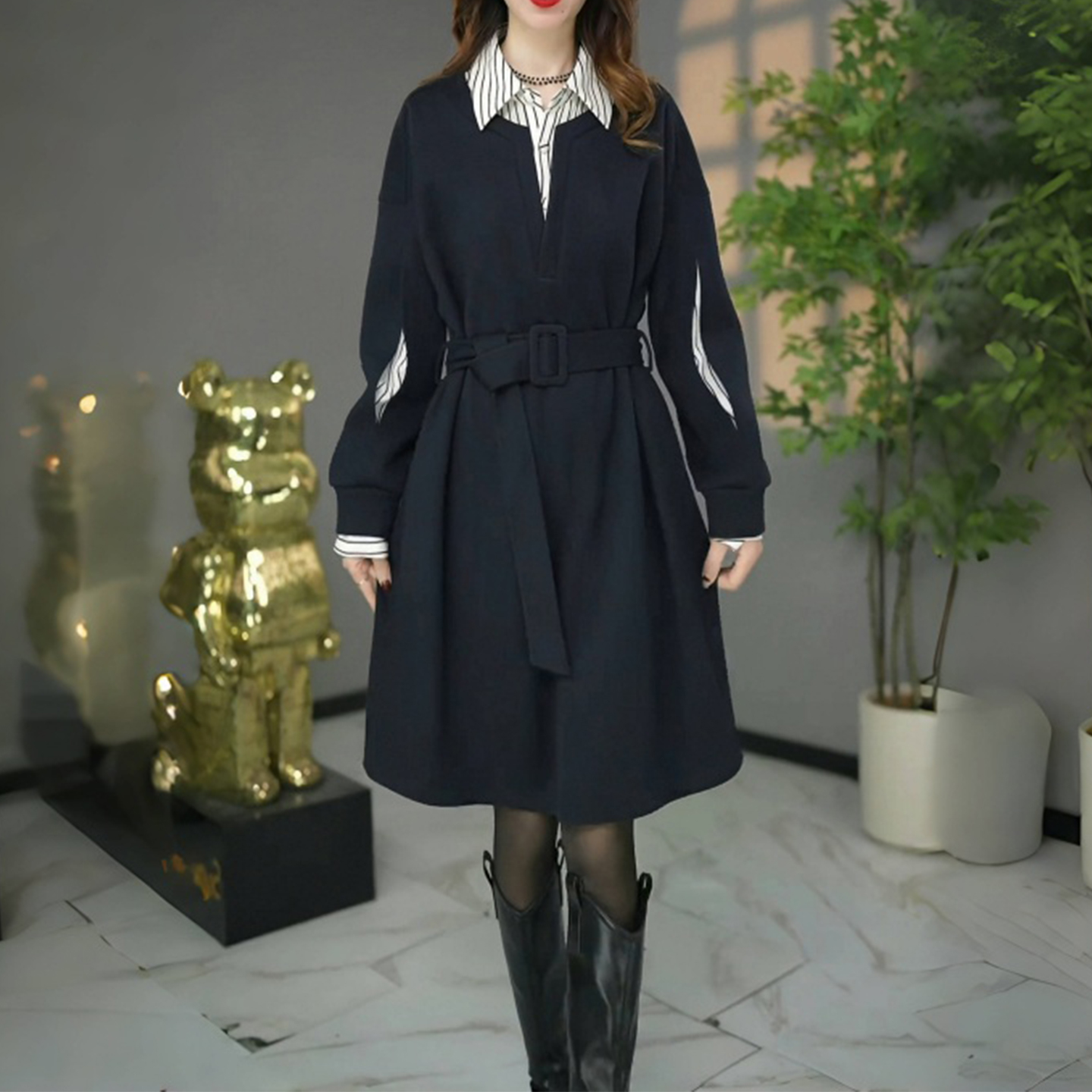 时尚假两件连衣裙女士2025年春秋新款拼接条纹打底裙中长款A字裙
