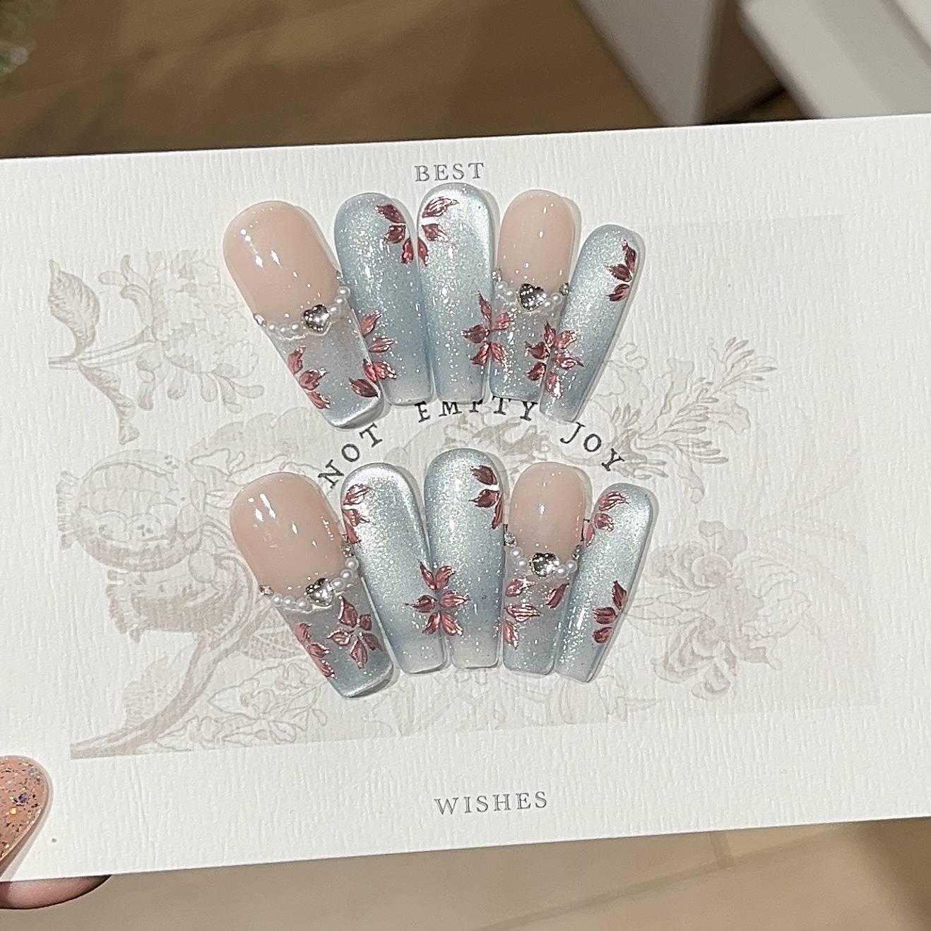 【芙蓉锦】纯手工穿戴甲复古风丝绸烟灰蓝猫眼魔镜粉花花法式设计