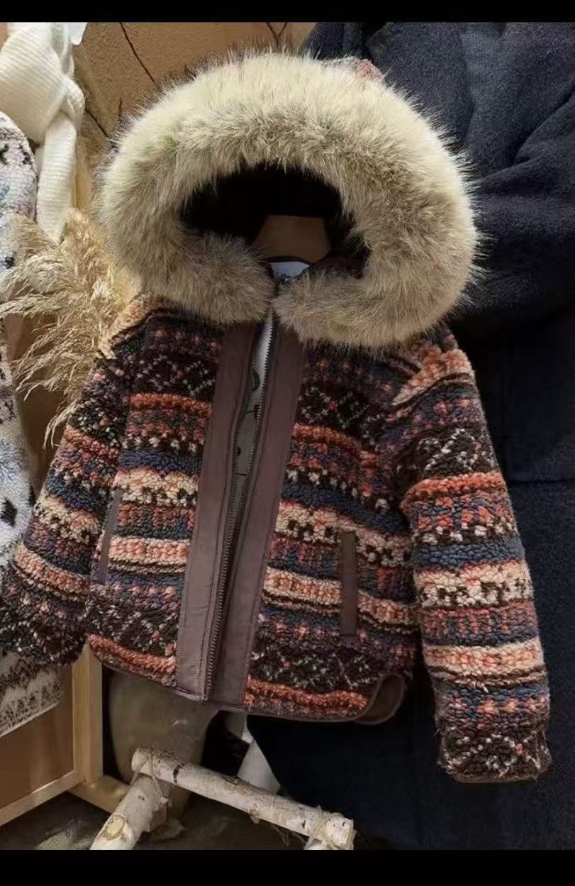 女童冬季费尔岛羊羔绒夹棉外套男童女童冬洋气大毛领连帽抱暖棉衣