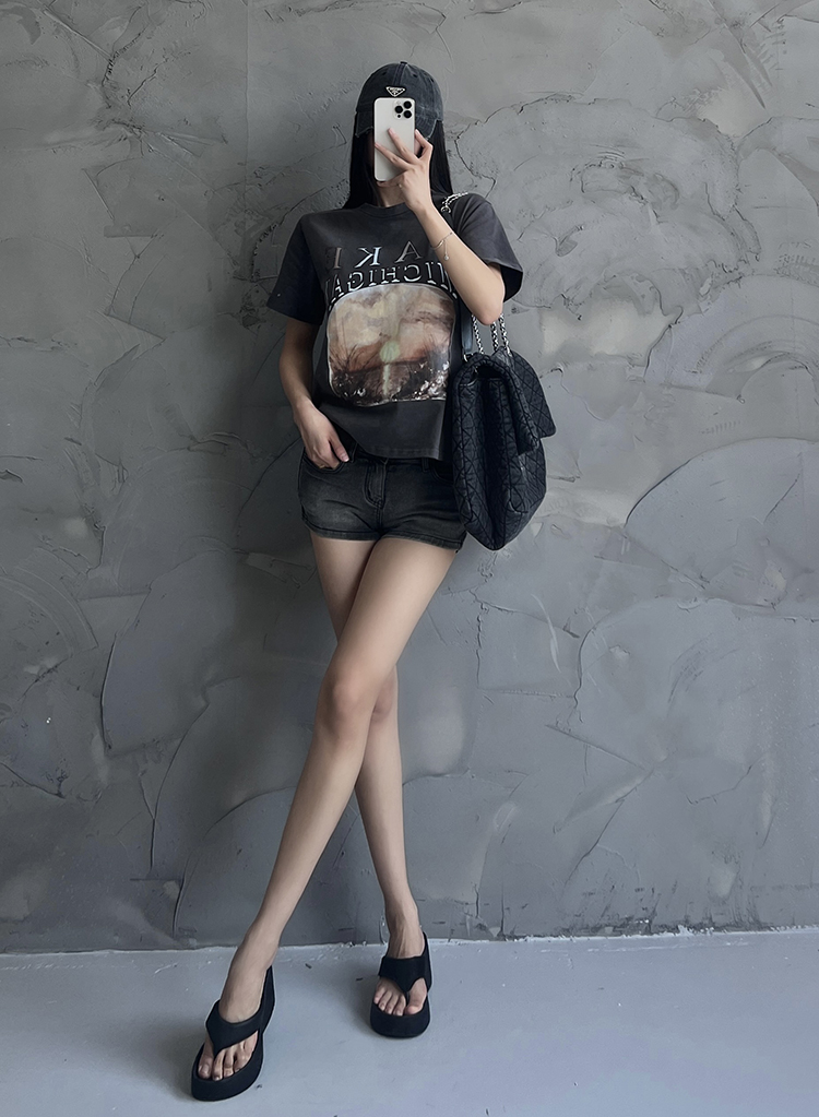 JYE10378美式复古落肩袖T恤女欧美街头辣妹上衣