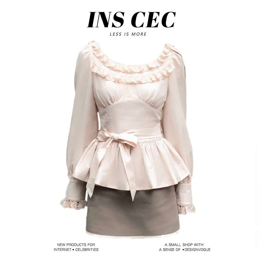 INS CEC法式高级设计蕾丝拼接长袖上衣秋季新款百搭气质短裙套装