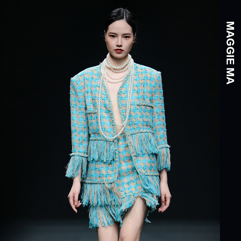 MAGGIE MA马婧设计师蓝色编织纹理灵动流苏小香风套装裙085C/086D