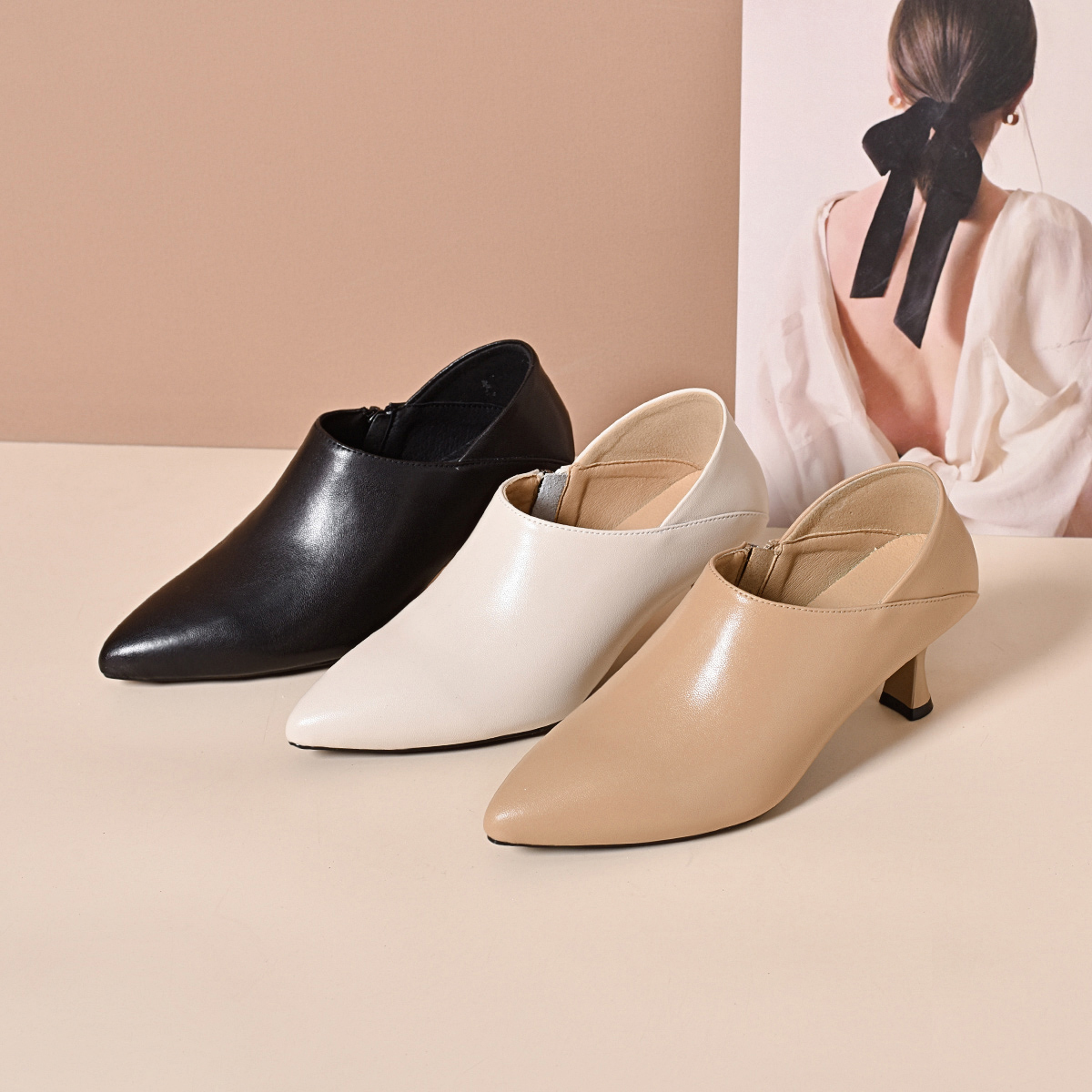 2025年早春新款深口真皮单鞋女尖头细跟简约百搭脚踩两穿软皮女鞋