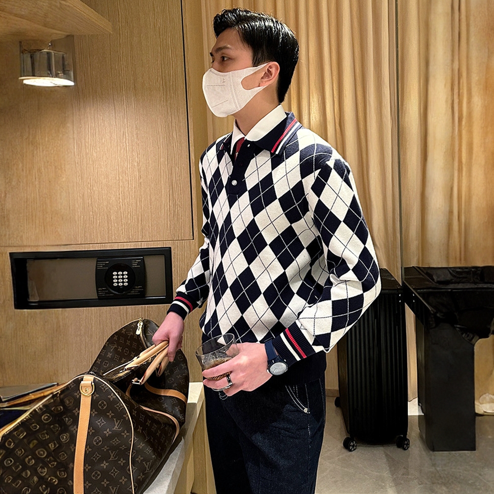 迪诺库克斯菱格撞色翻领针织衫上衣时尚复古商务男士polo衫长袖