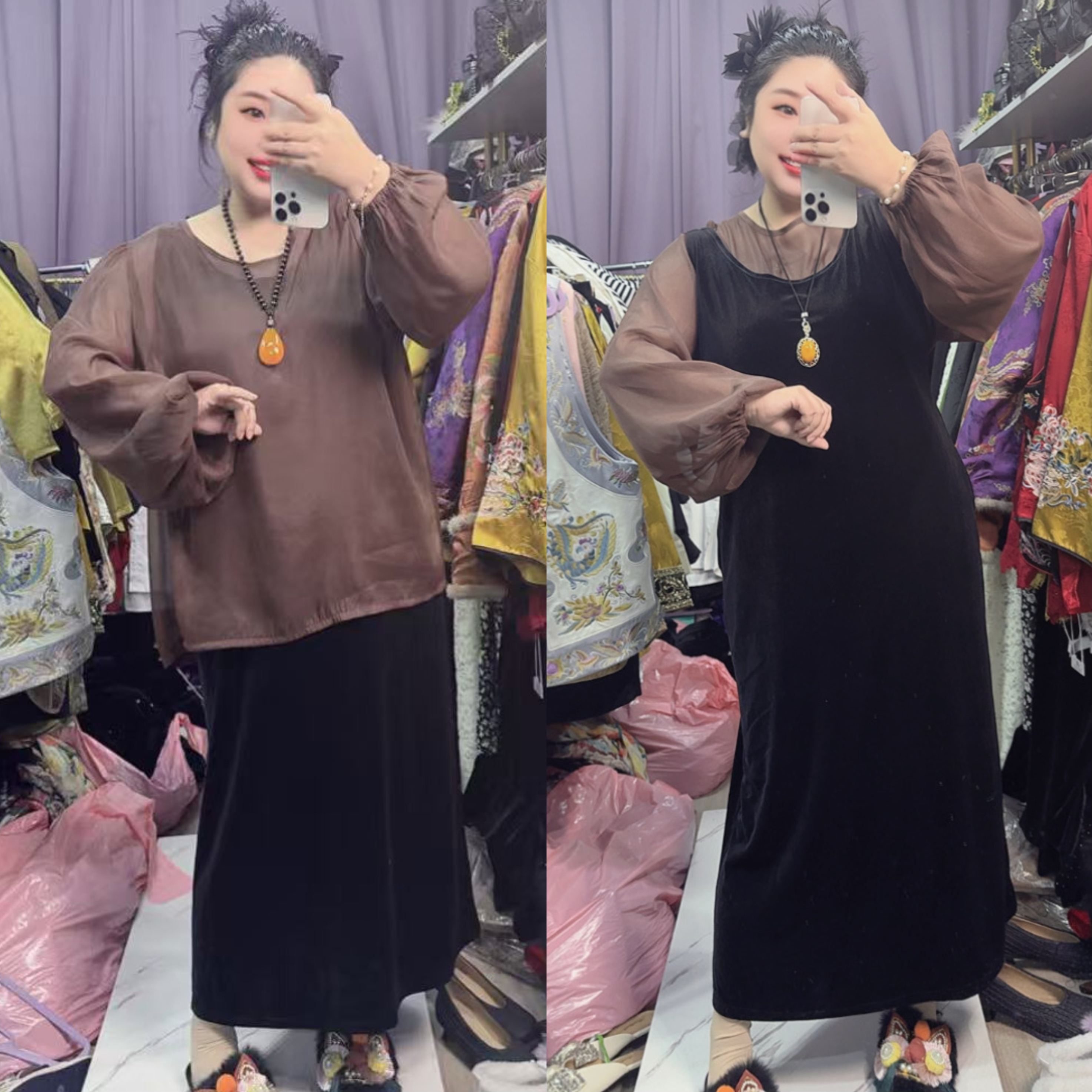 清苍价~深圳5505套装时尚百搭长袖衬衫加丝绒长裙显瘦上衣+长裙