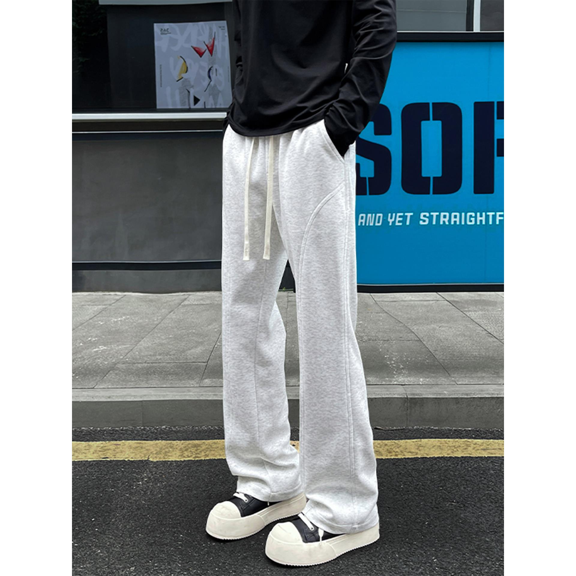 浅灰色斜切弯刀运动卫裤男款秋冬美式宽松直筒裤子cleanfit新款裤