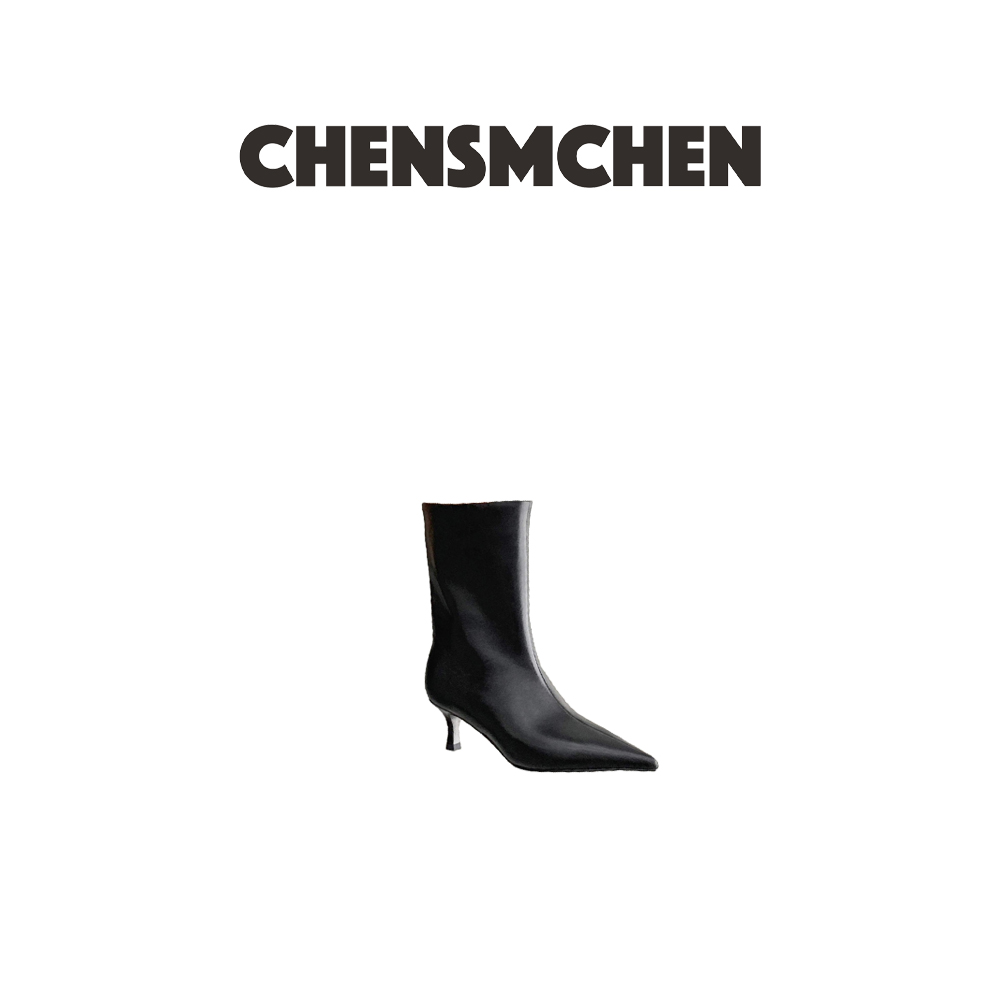 CHENSMCHEN 轻奢小皱牛油皮尖头细跟秋冬复古黑色时装靴8021