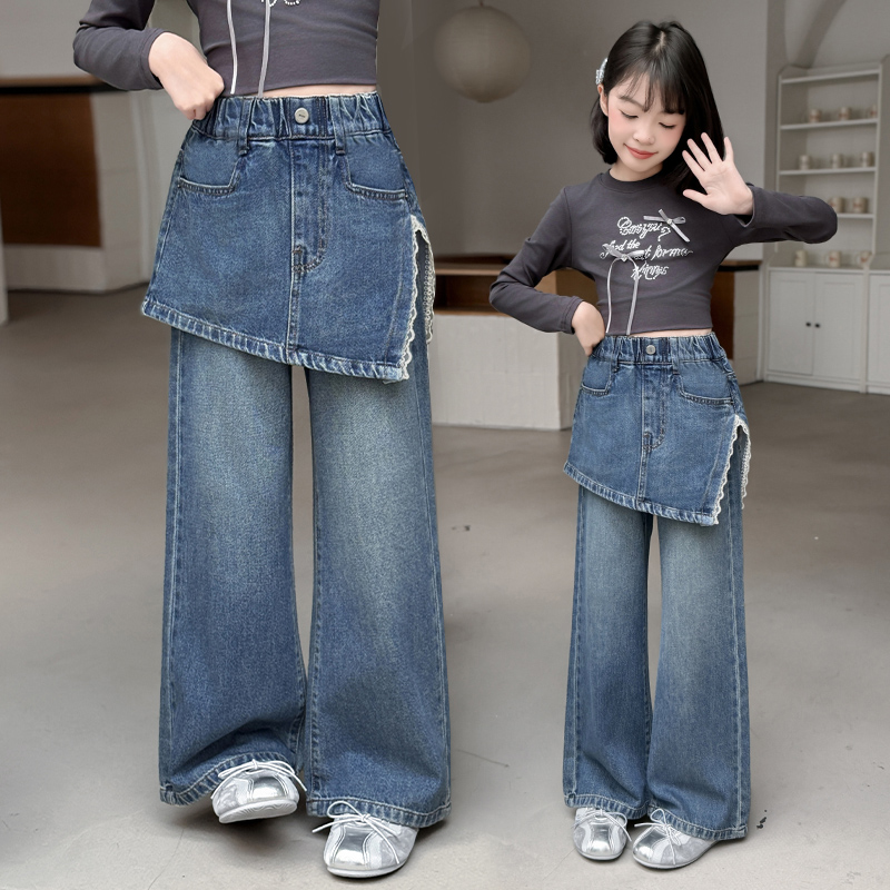 女童牛仔裤春秋2025新款拼接开叉屁帘裙裤洋气儿童时髦休闲裤