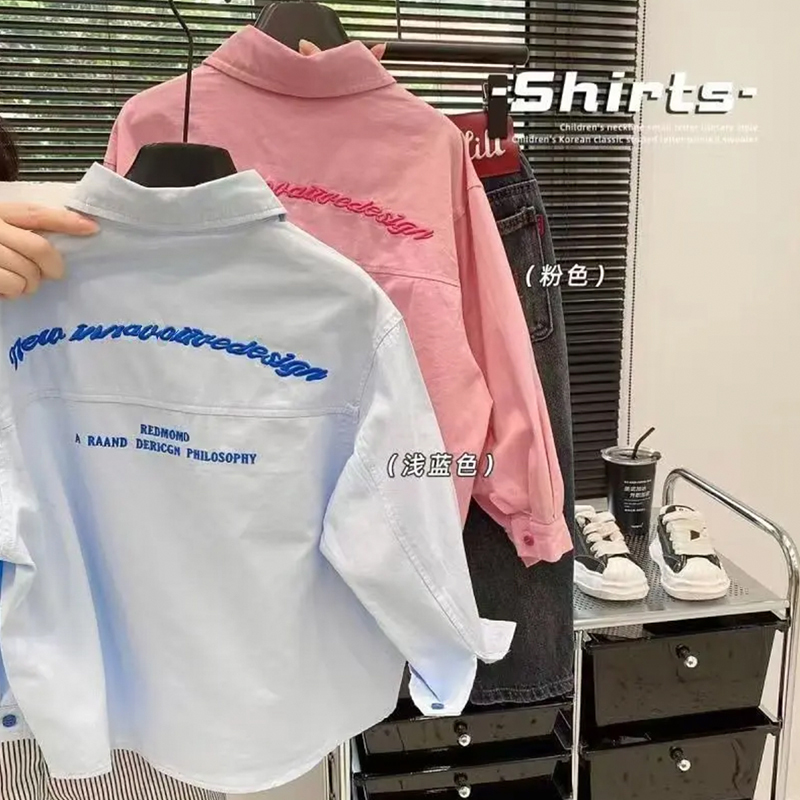 2025夏季新款男童衬衣长袖儿童衬衫帅气百搭洋气女童上衣蓝色春装