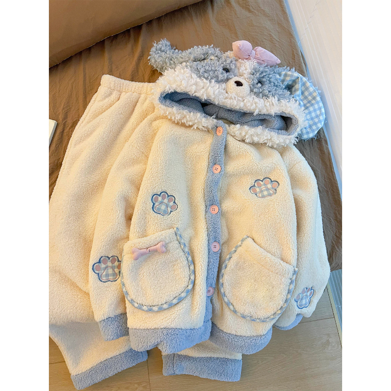 软萌可爱小狗连帽珊瑚绒睡衣女2025冬季新款加绒加厚家居服套装冬