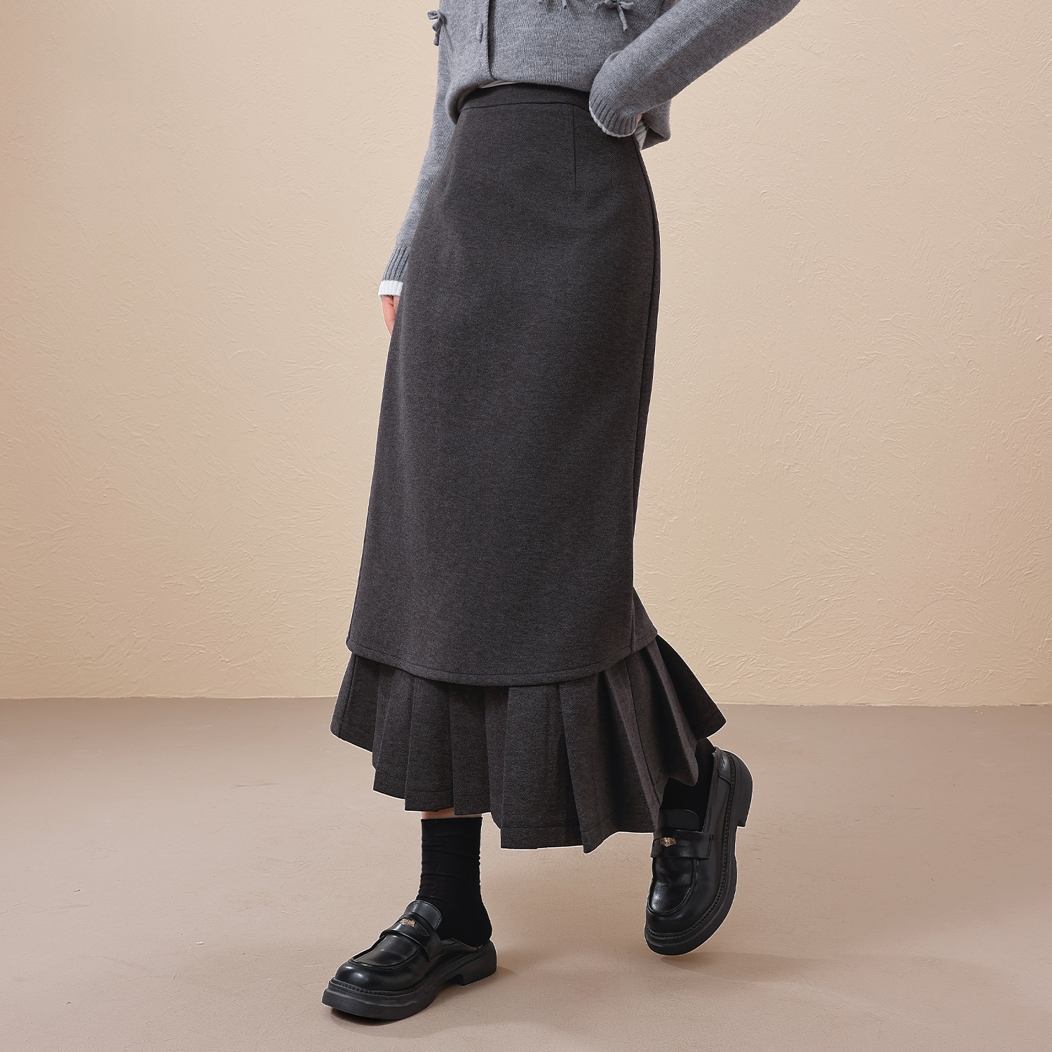 【艺术生】蛋妹大码女装胖mm冬季双层设计高腰毛呢半身裙DM35188