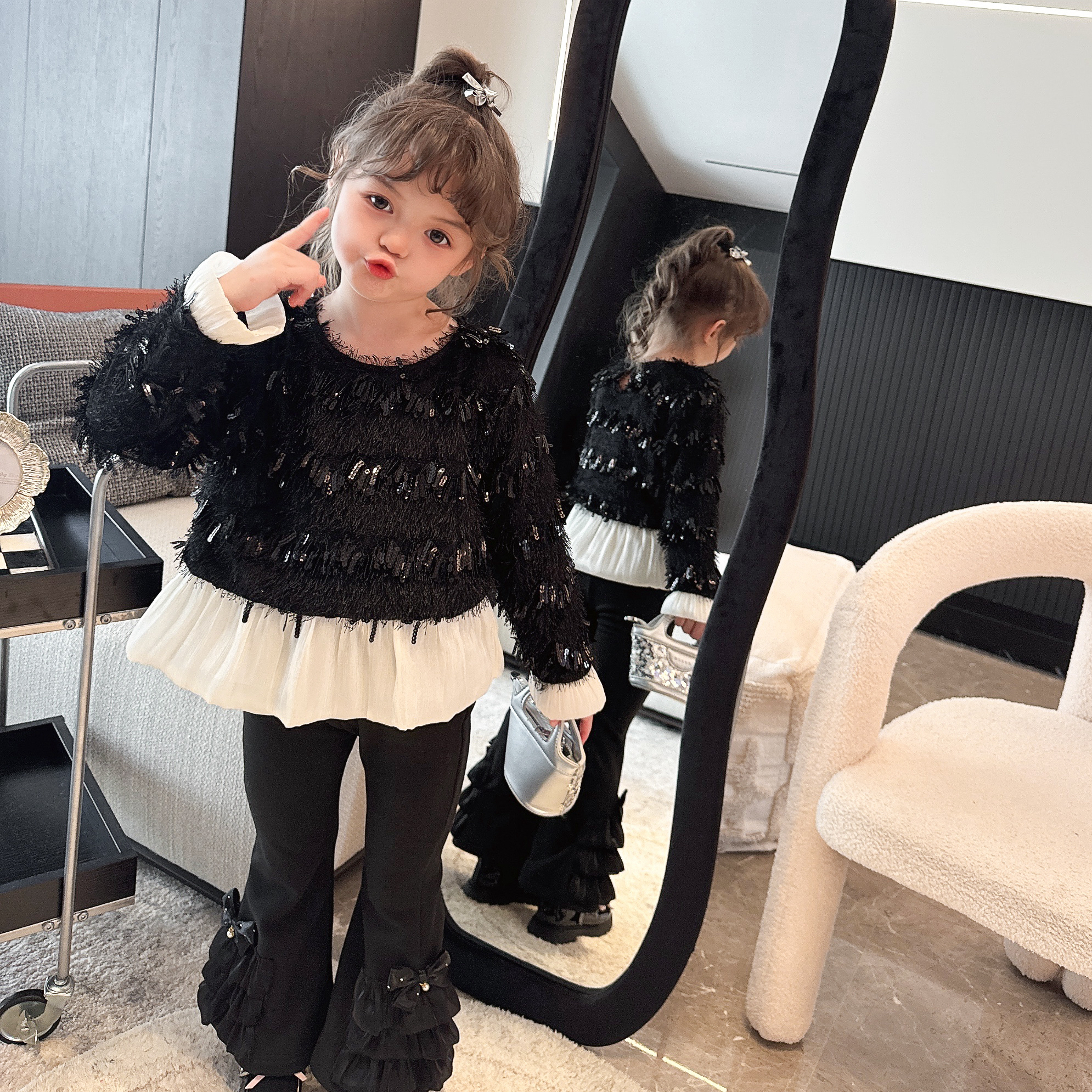 【Mt studio】3【现货】设计感花边流苏亮片上衣女童秋冬气质韩版