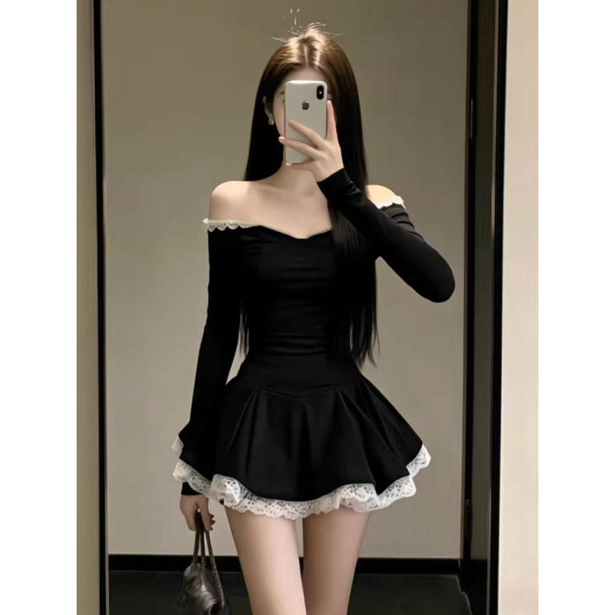 2025秋冬季气质名媛高级黑色无袖露肩一字领抹胸中腰设计感连衣裙