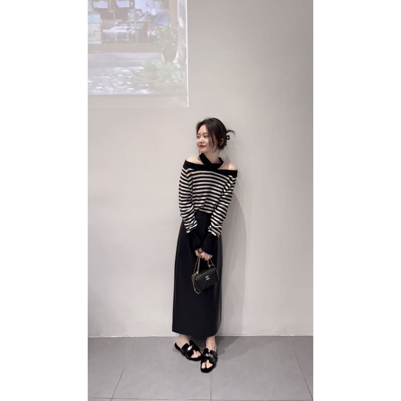 2025秋季新款韩系高级感一字肩飘带软糯条纹针织衫女百搭半身裙