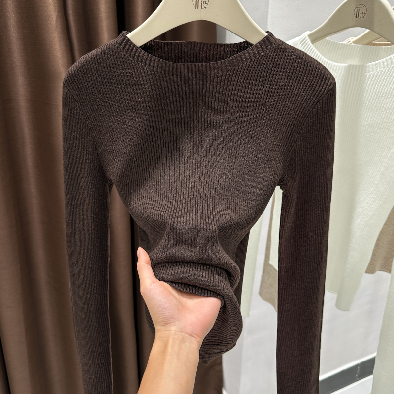 咖色爆款小圆领套头针织衫洋气时尚正肩内搭打底衫女薄款长袖上衣