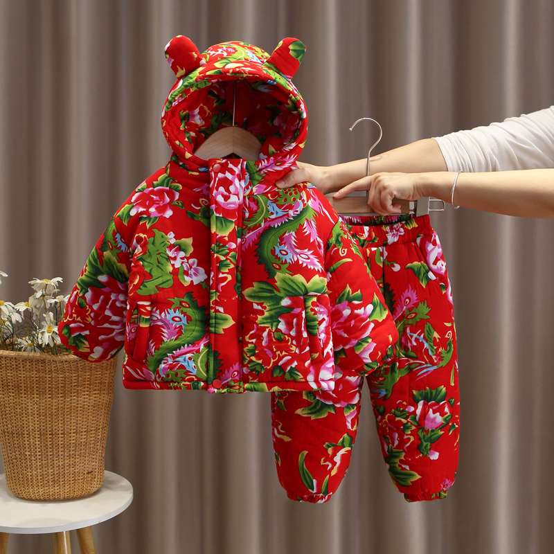 宝宝东北大花布棉袄儿童冬装保暖棉衣套装男童喜庆拜年服女宝年服