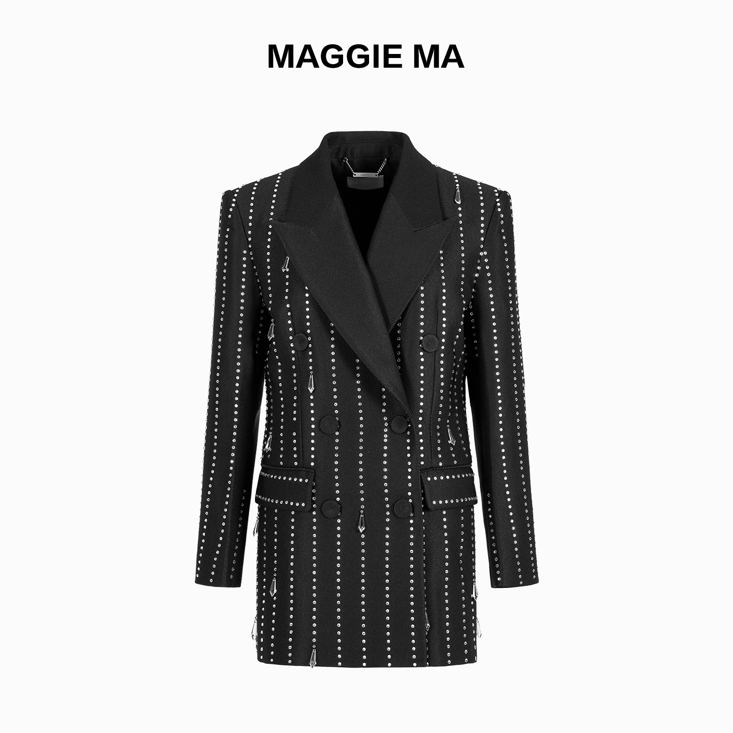 MAGGIE MA马婧设计师款黑色重工镶钻流苏西装外套女高级感496C