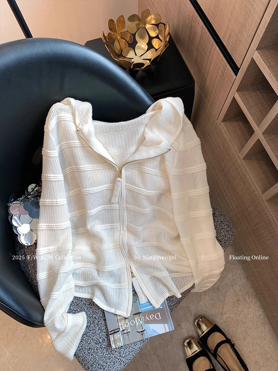 白色镂空拉链连帽针织衫外套女2025早秋简约设计感百搭薄款上衣潮