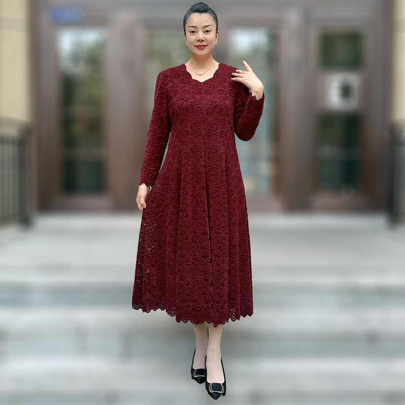 高端纯色轻奢贵夫人春冬长袖气质连衣裙大码喜妈妈烫钻植绒大摆裙