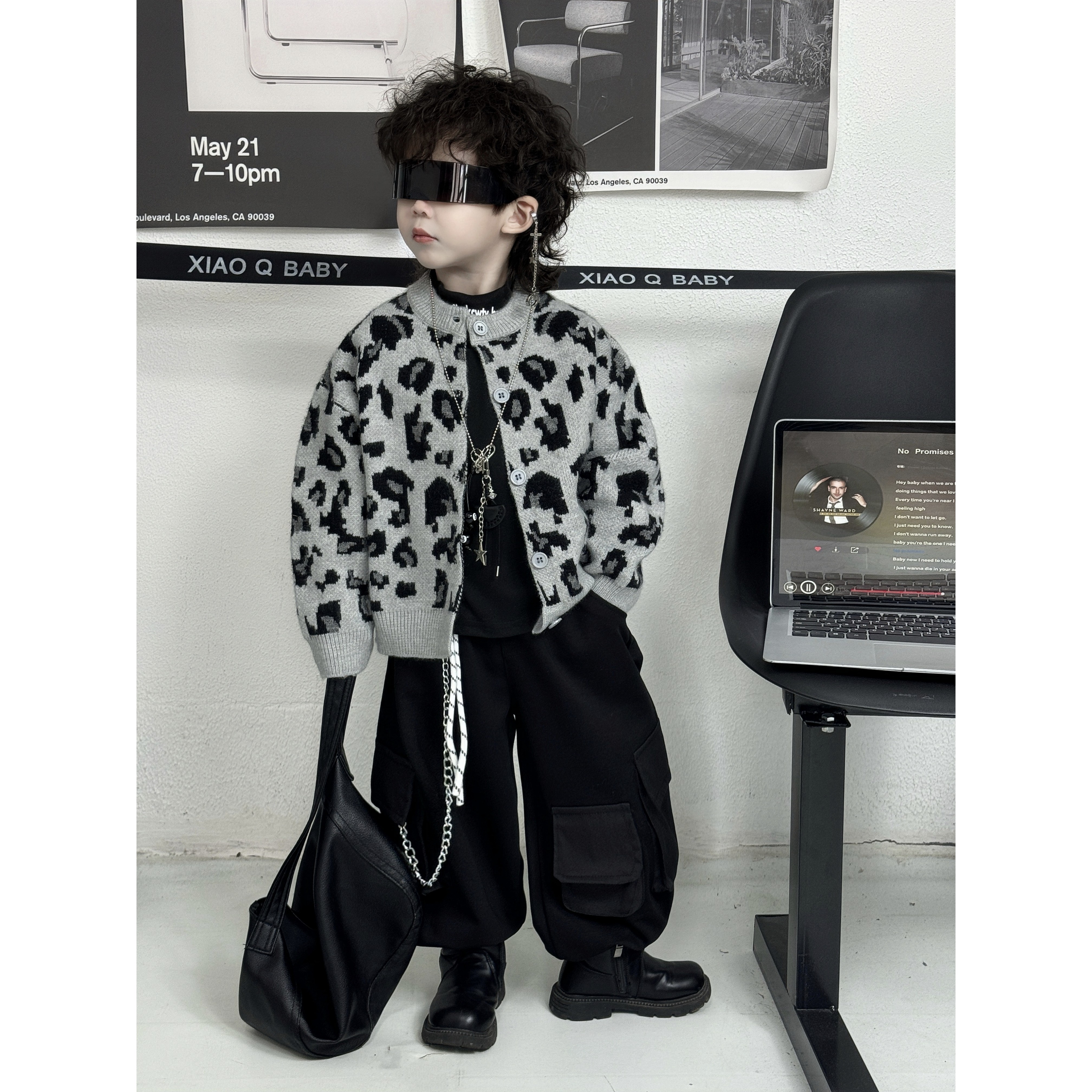 男童豹纹韩版毛衣开衫2025深秋冬新款儿童针织衫外套三件套潮TT