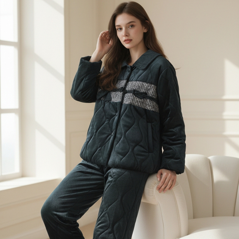 芬腾2025冬季新款夹棉睡衣女士加厚加绒三层保暖可外穿家居服套装