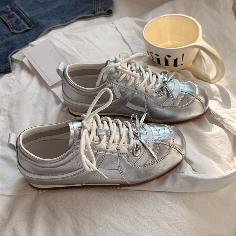 真皮银色复古德训鞋女2025秋新款百搭轻便软底休闲透气运动阿甘鞋