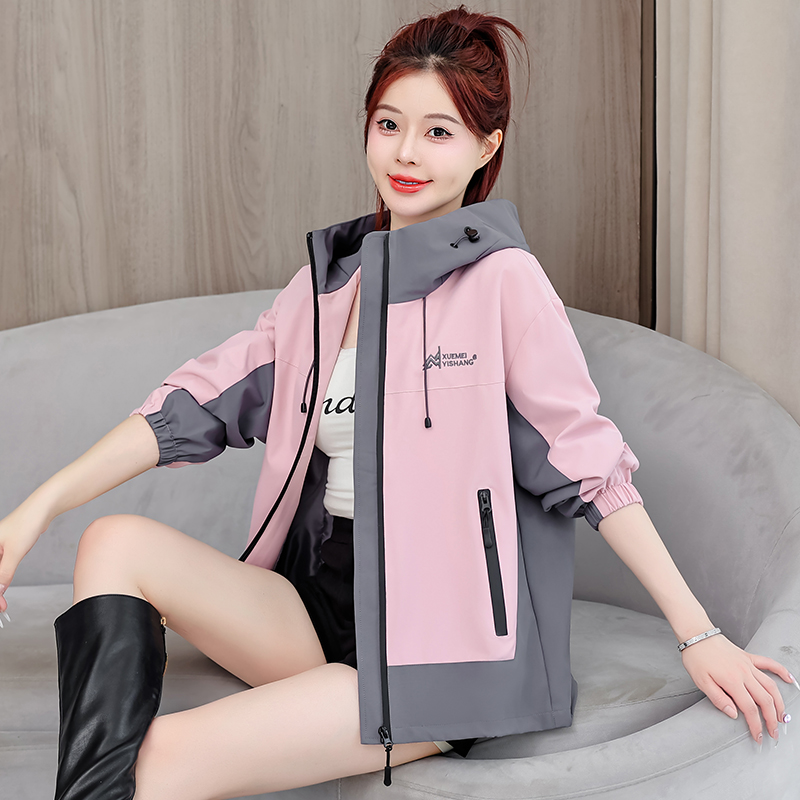 冲锋衣外套女2025年春秋新款连帽撞色宽松休闲百搭外套户外登山服