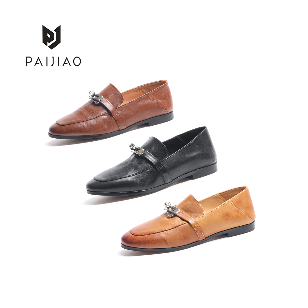 锁扣复古方头马皮单鞋一脚蹬乐福鞋小皮鞋女930