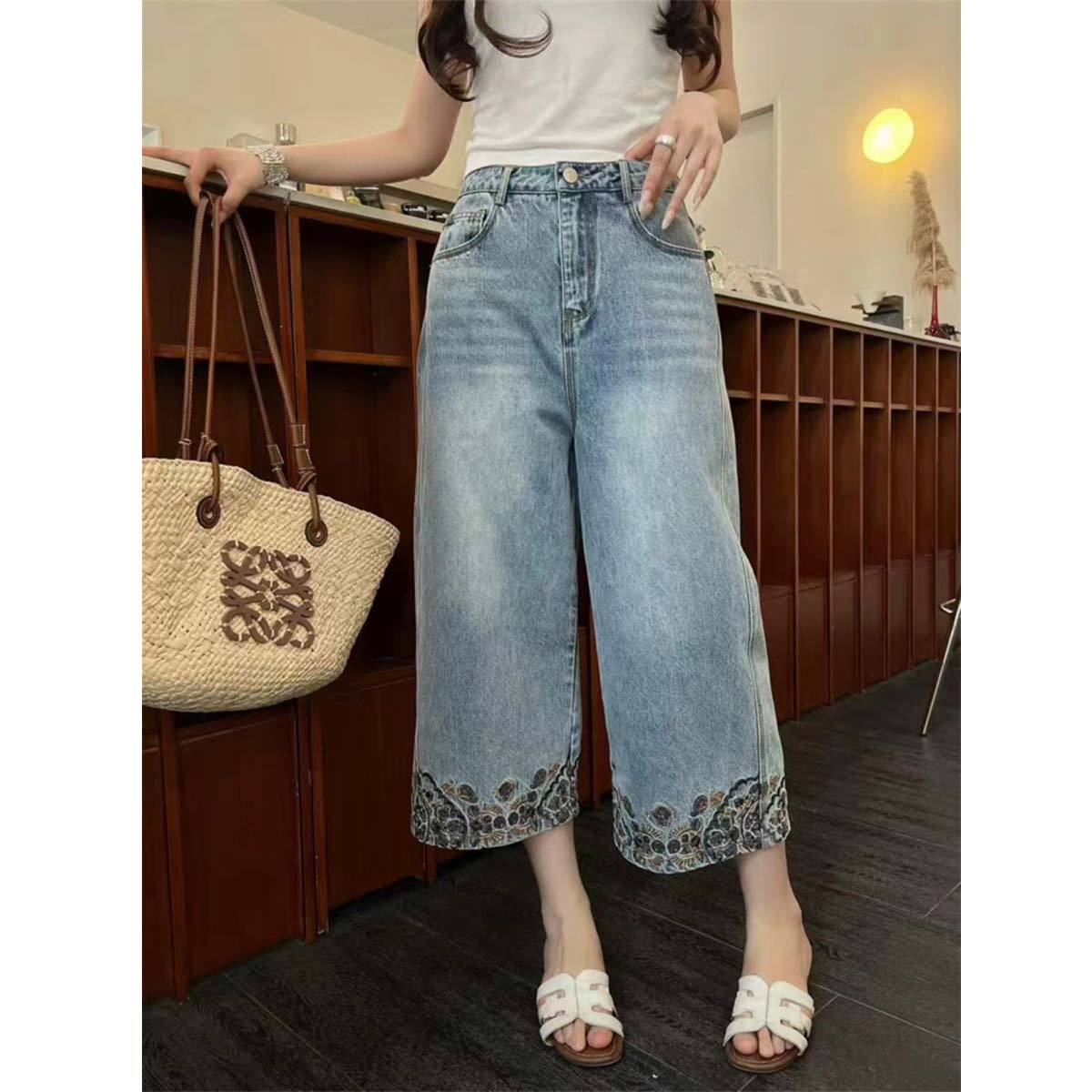八分裤女2025夏季薄款新款阔腿裤复古大码高腰显瘦刺绣花边牛仔裤