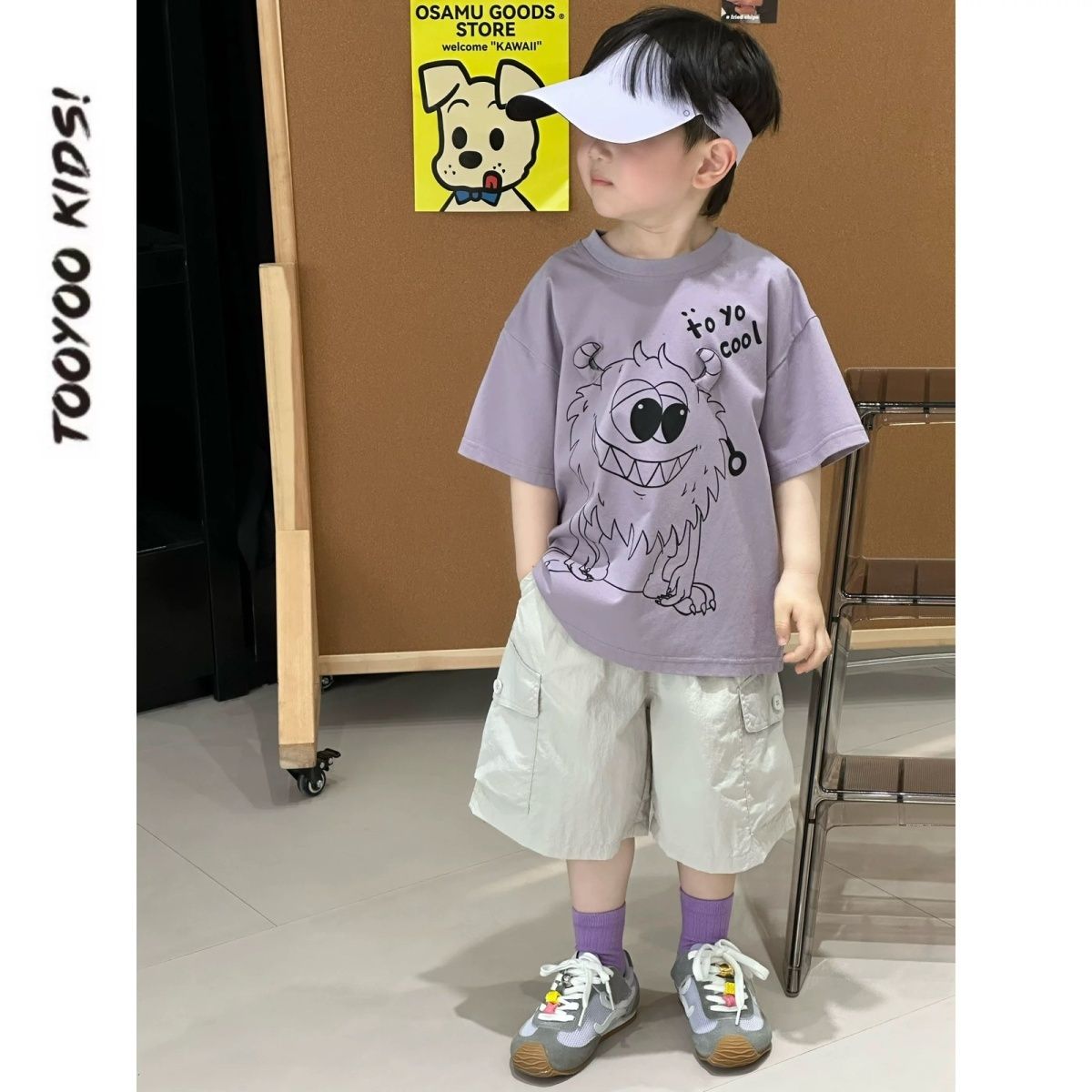 儿童夏季新款小怪兽短袖T恤套装时尚男女宝短裤两件套套装 WP