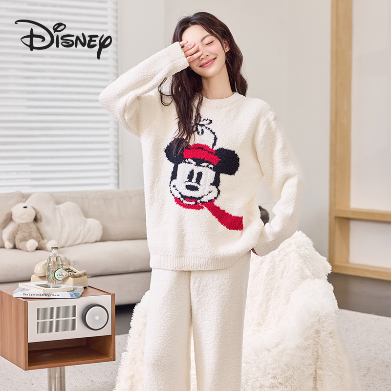 Disney/迪士尼秋冬换季新款加绒保暖防寒女半边绒睡衣家居服套装