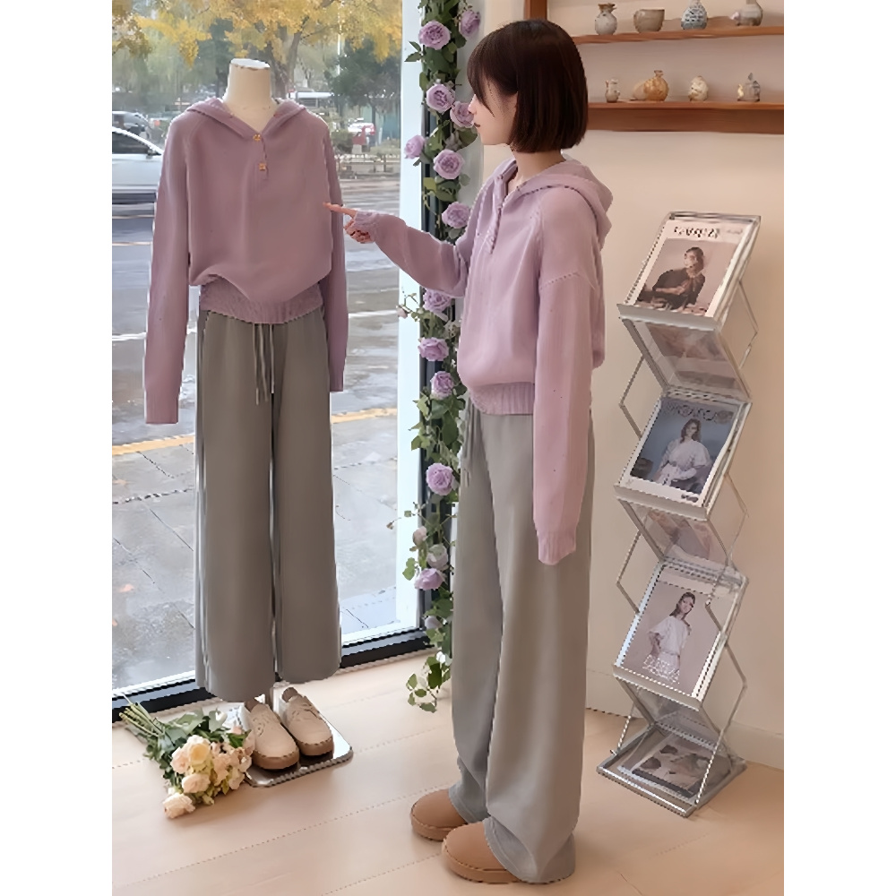 韩系氛围感穿搭独特漂亮减龄款连帽针织衫毛衣休闲卫衣裤两件套女