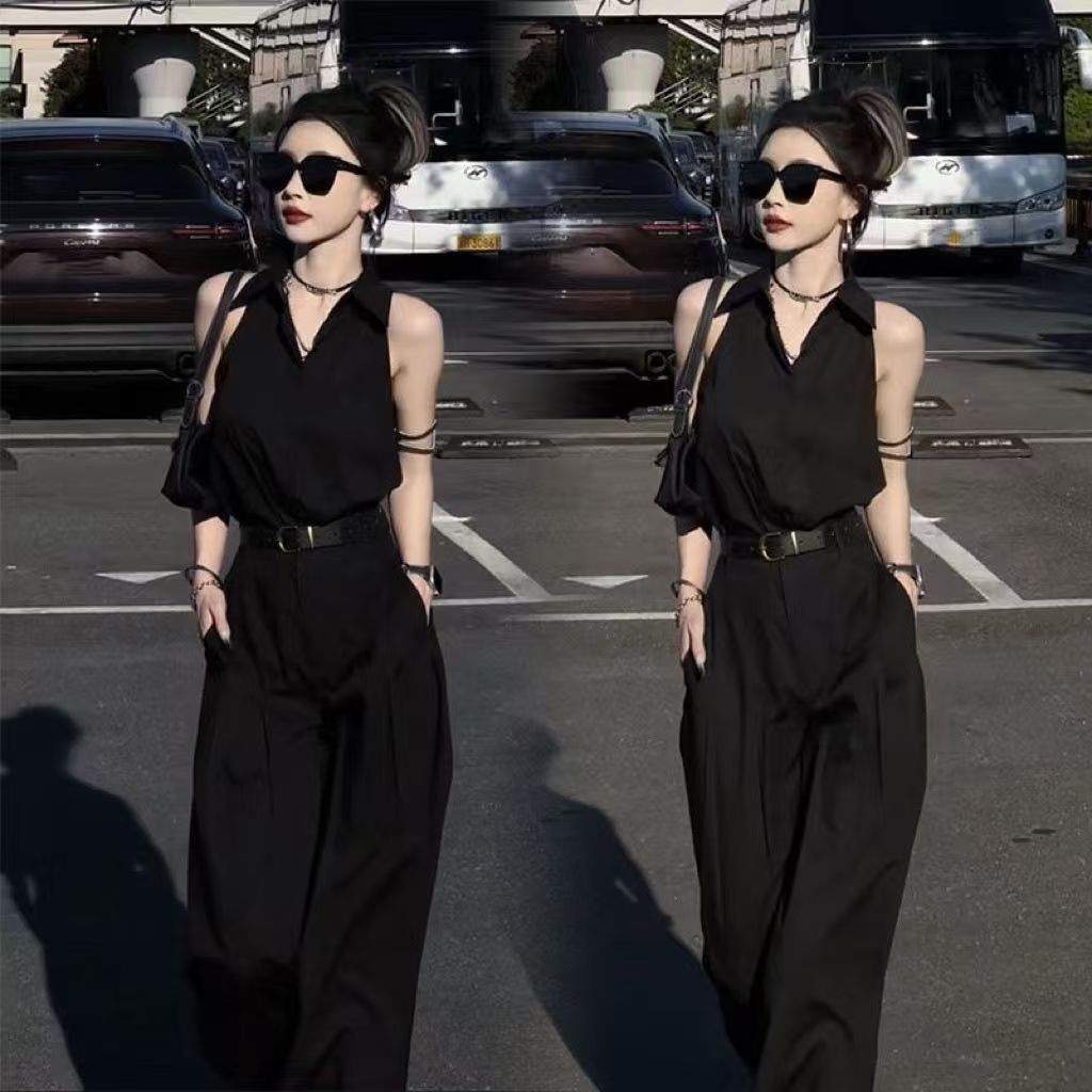 时尚干练高级套装女夏季黑色挂脖无袖上衣衬衫高腰阔腿裤两件套