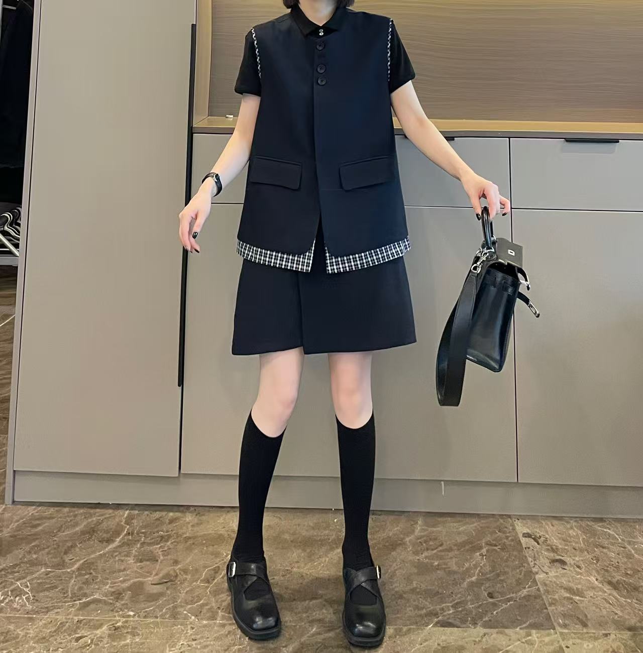 米可/MK-2725LJ【格纹拼假两件马甲+半裙套装】时尚秋季新款套装