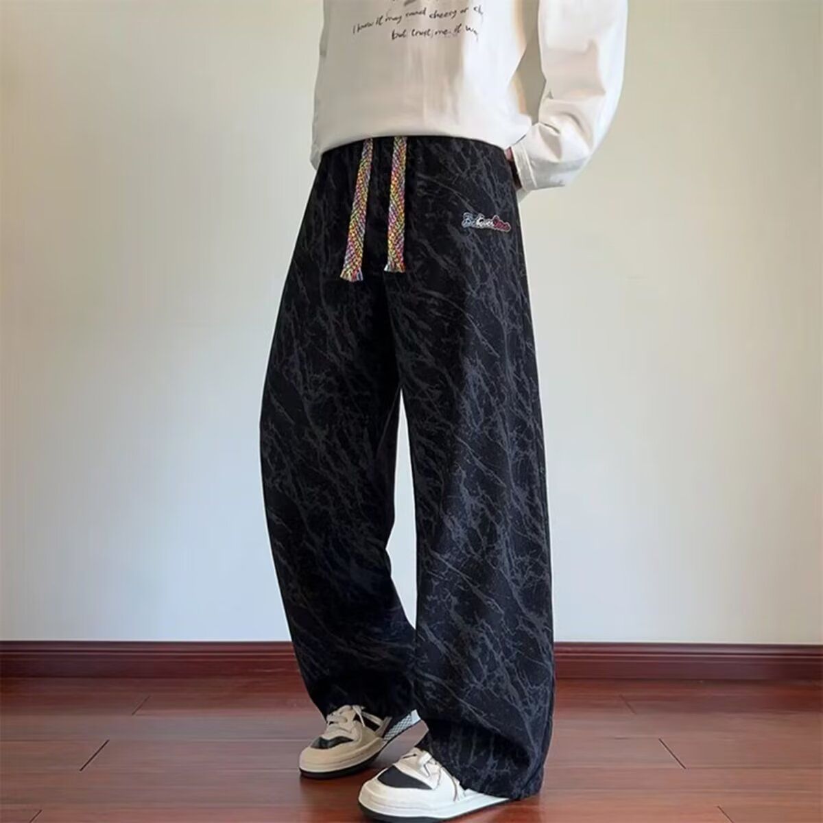 美式复古扎染裤子男秋冬潮牌重磅宽松垂感直筒运动长裤百搭休闲裤