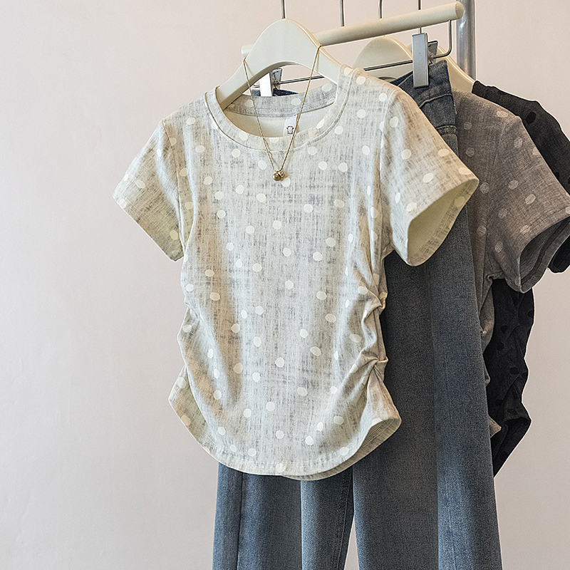 yoewshean/羽媗 夏季微胖mm扎染收腰短袖t恤显瘦遮肉大码女装上衣