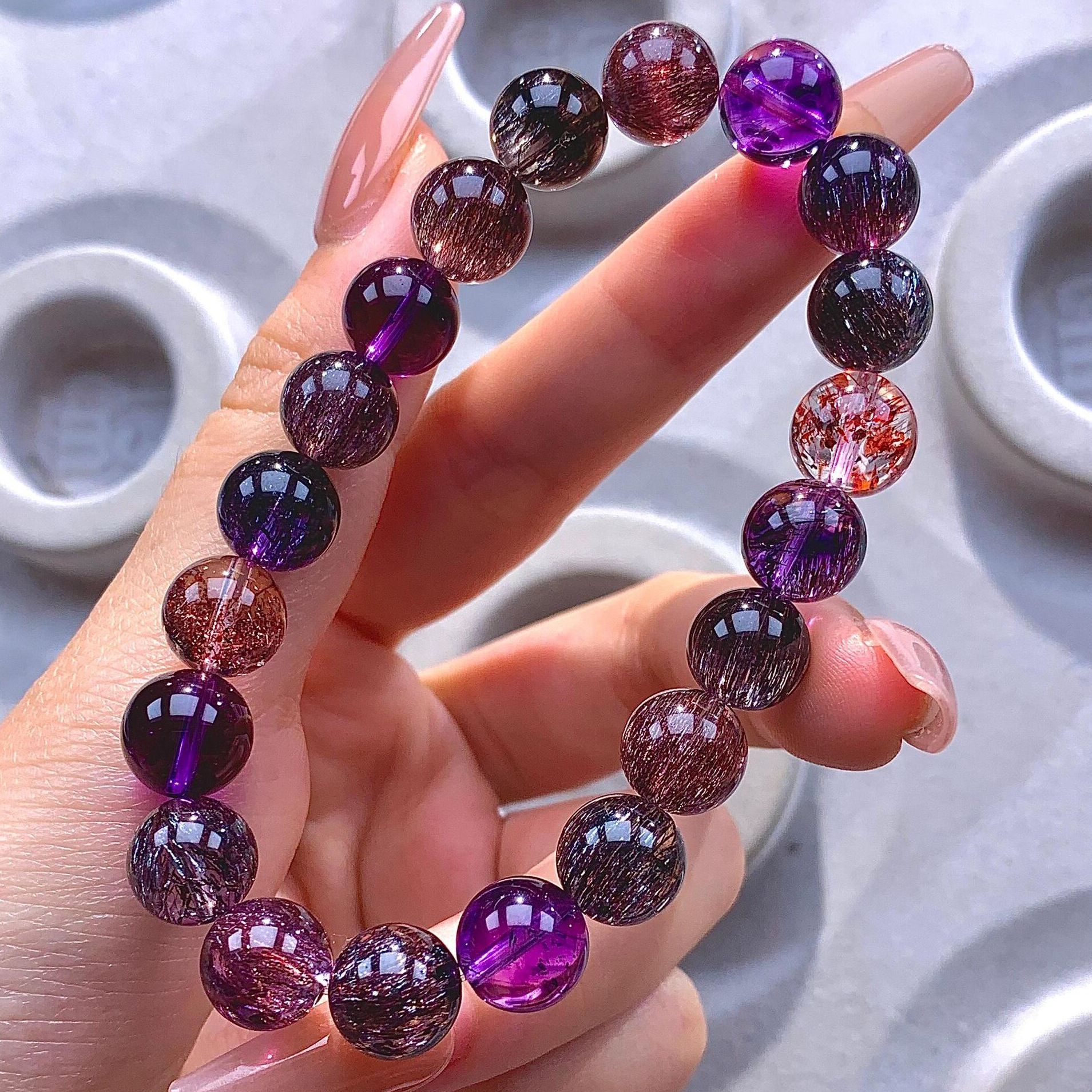 珍藏天然超七紫发晶手链女金草莓晶黑加仑顺发水晶手串多样性发一