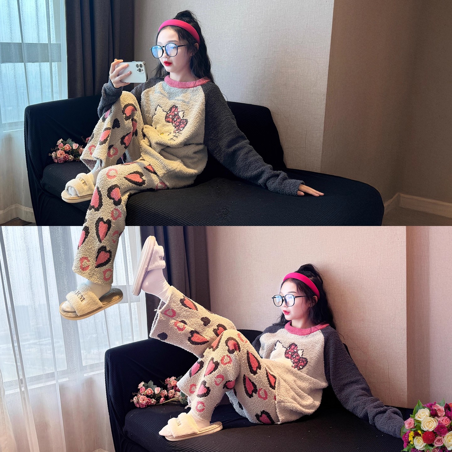 儿童半边绒家居服套装2025新款女孩冬季初中生衣服女童超好看睡衣