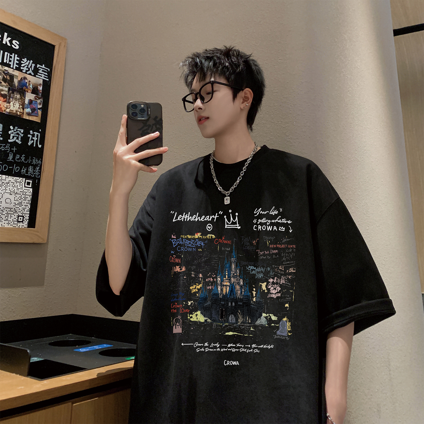 美式短袖t恤男生夏季青少年潮牌抗皱麂皮绒体恤圆领半袖百搭上衣