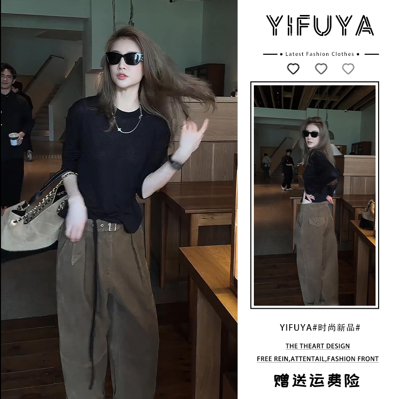 2025年早秋时尚黑色抽绳打底咖色工装裤微胖显瘦气质穿搭减龄套装