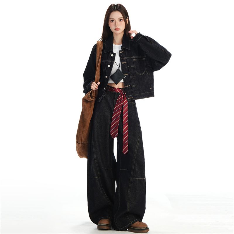 欧美风时尚复古阔腿休闲美式秋季牛仔裤裤高腰直筒弯刀深蓝黑金色