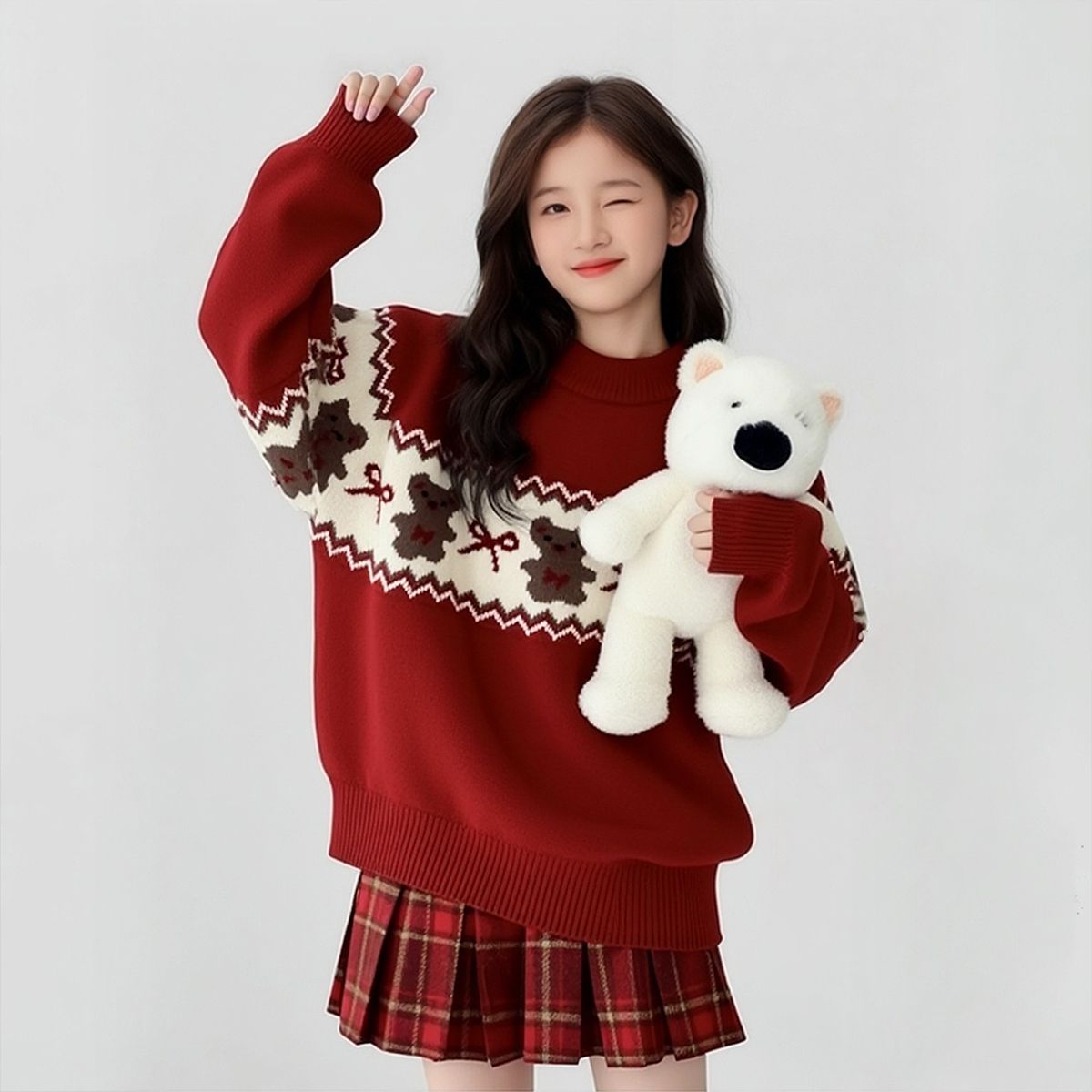 女童装秋冬时髦洋气年服中大儿童女孩小熊毛衣格子慵懒风百搭时尚