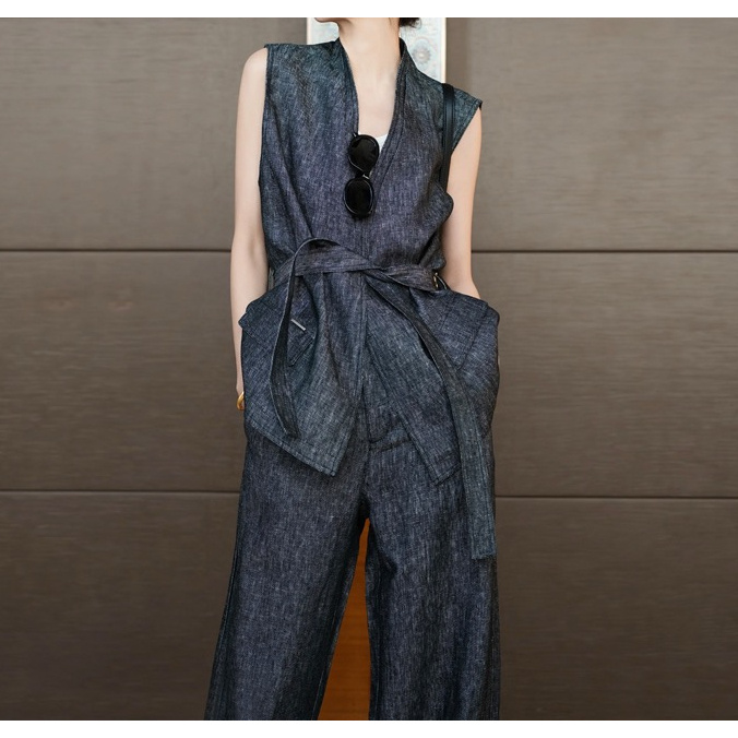 2025年夏季新款时尚套装穿搭一整套高级感棉麻亚麻马甲长裤套装